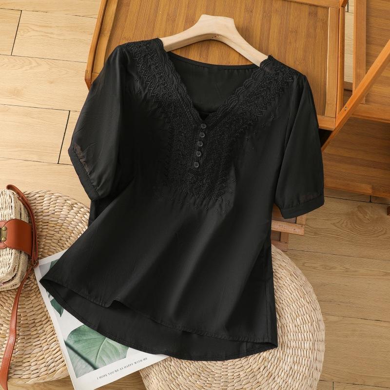 

Хлопок лен цветочная вышивка рубашка женская с короткими рукавами V-образный вырез повседневные блузки свободные однотонные матери футболка женская топ XXL чёрный