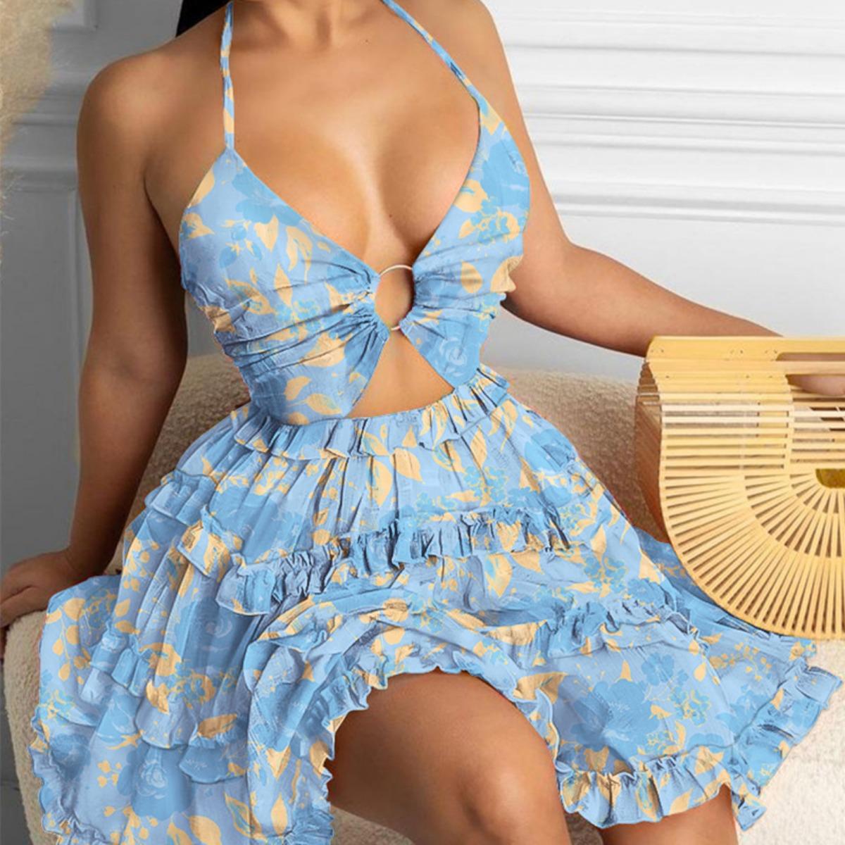 

Spring New Arrival Women s Sexy Halter Print Ruffle Hem Dress for European American Cross-border Fashion 3XL світло-синій колір