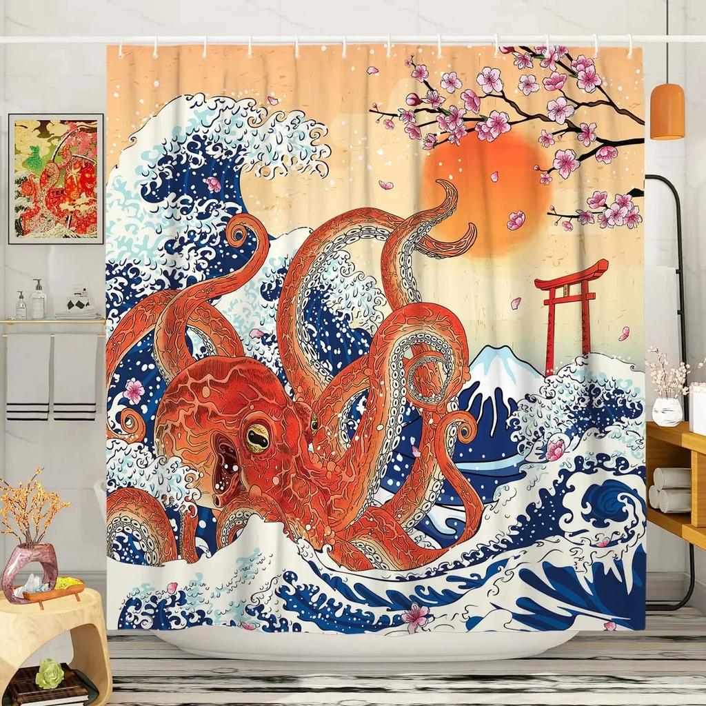 Duschvorhang im japanischen Stil Koi-Fisch Kirschblüte Sonne Meer Welle Oktopus Landschaft Polyesterstoff Vorhänge Badezimmerdeko
