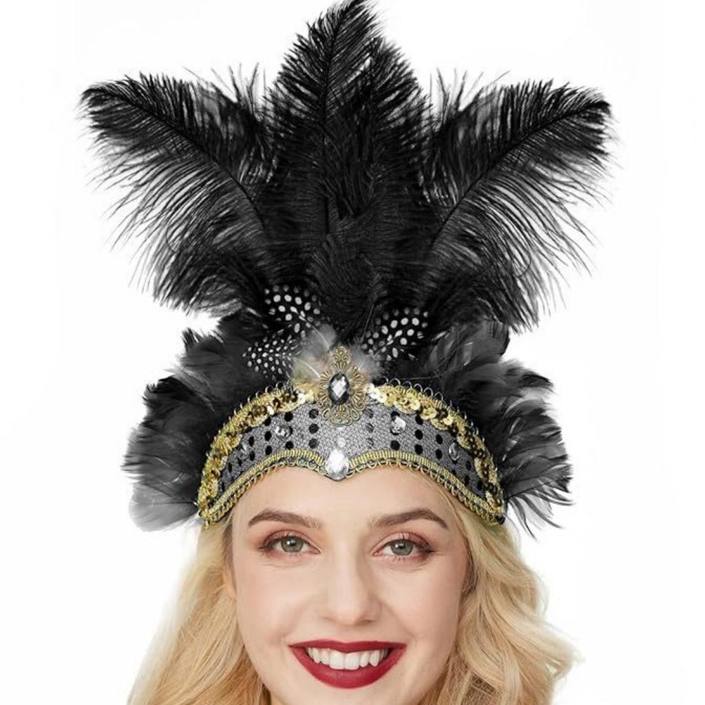 Women Carnival Crystal Crown Feather Headpieces 1920s Flapper Headband Show Girl Feather Headdress Mardi Gras Accessories