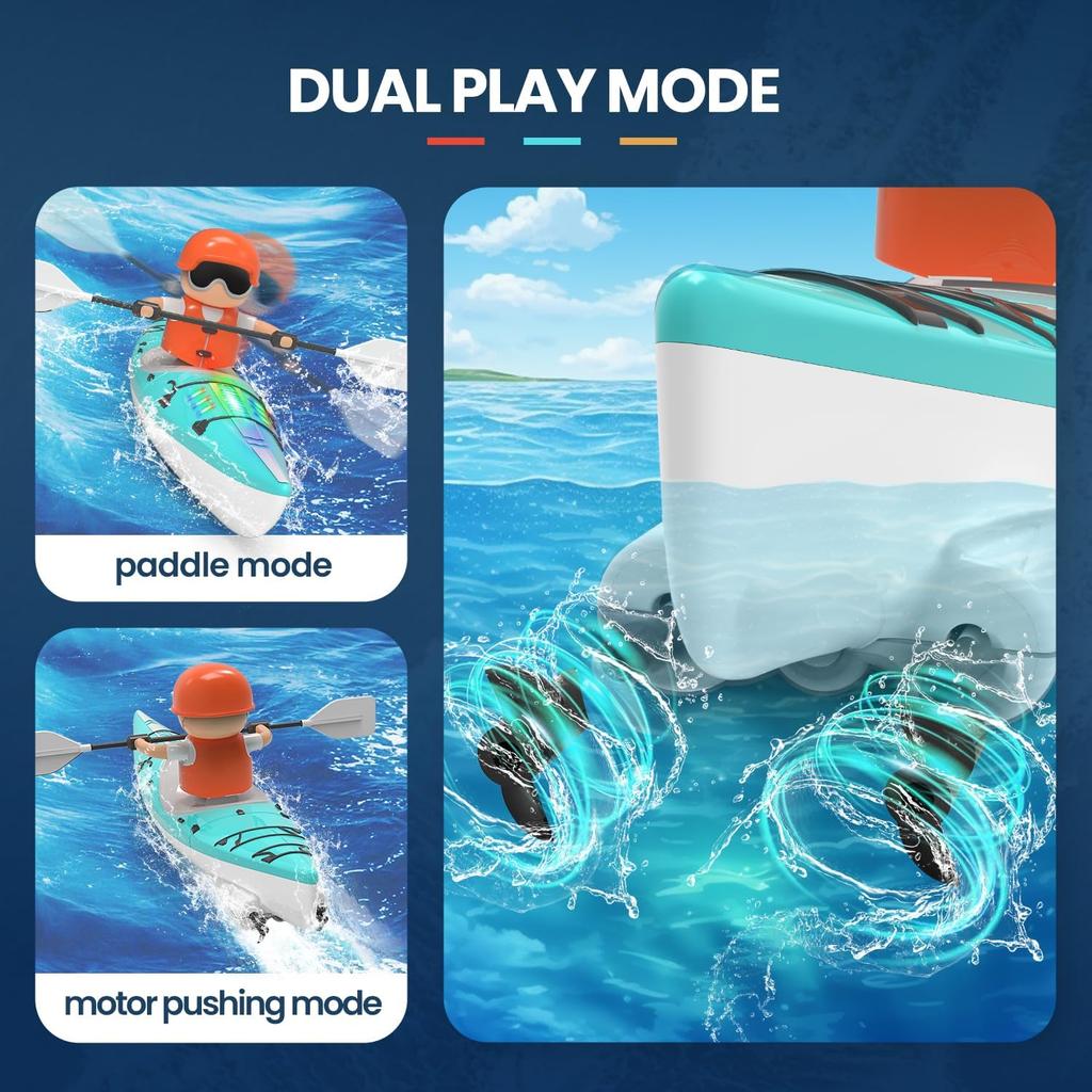 RC Kayak Boat W/Colorful LED Light for Kids, Innovative Realistic Paddling Design,2.4 Ghz Remote Control Boat Toy, Never Capsize for Lake,