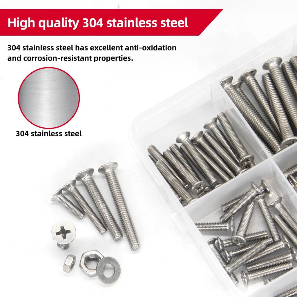 404pcs countersunk  Screws with Nose Screw Set M3 M4 M5 Screw and nut washers 304 Stainless Steel Cross countersunk  Scr