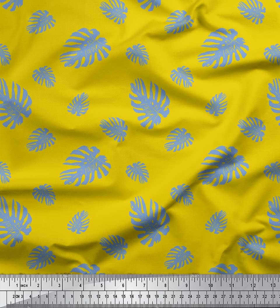 

Тканина Soimoi Blue Japan Crepe Satin Листя монстери Принти на тканині метр 42 дюйма 42 Inch Wide - Poly Crepe жовтий