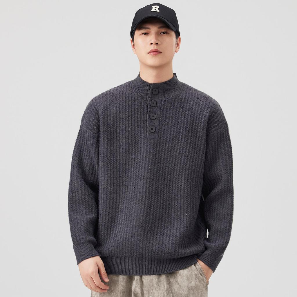 Men's Retro Knit Stand Collar Pullover - New Autumn/Winter Arrival, Versatile, Trendy, Loose Fit Sweater with Buttons