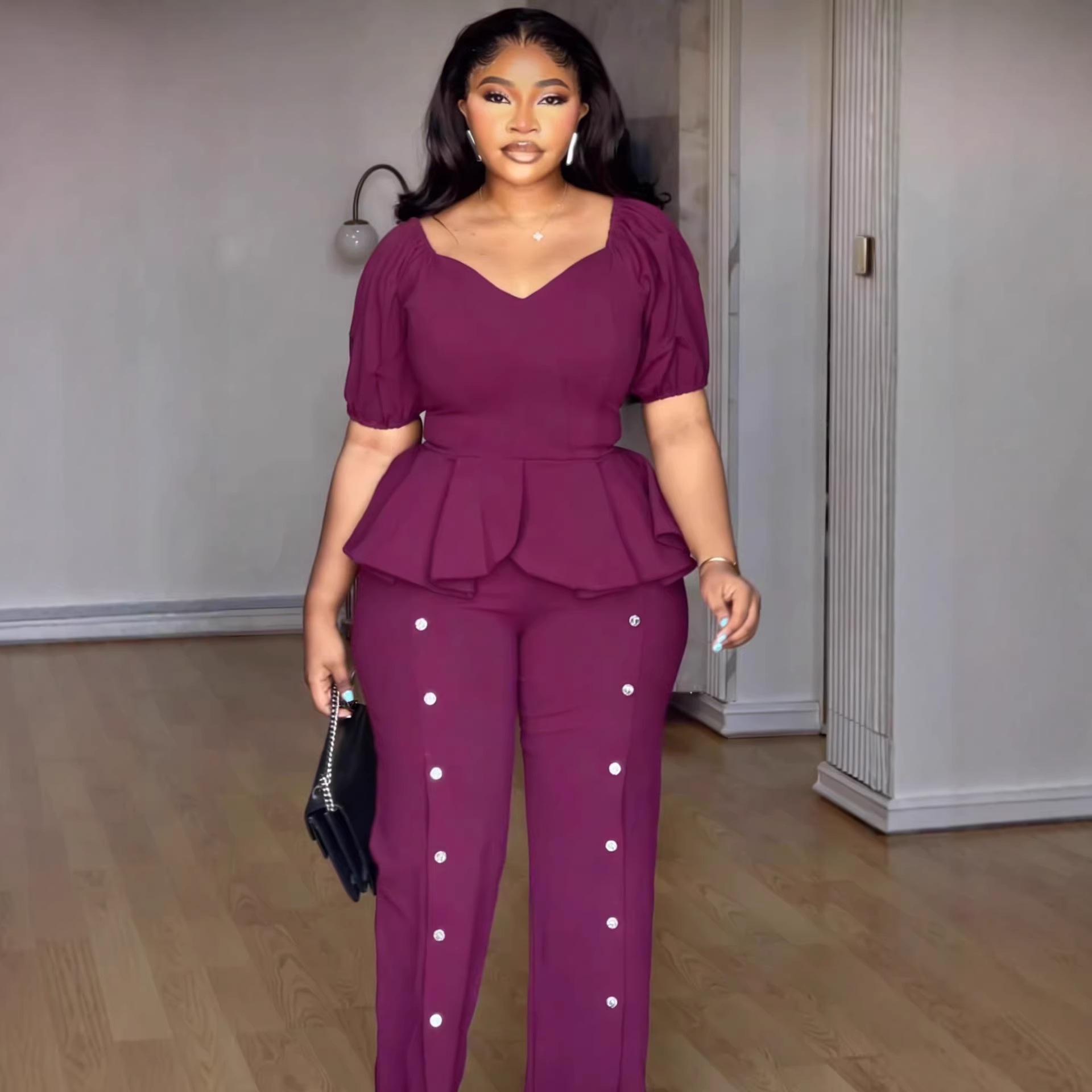 

Plus Size Purple-Red V-Neck Ruffle Top & Slit Wide-Leg Pants Set XL