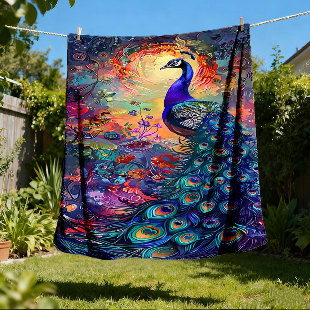 1pc Peacock Feather Artwork Throw Blanket Polyester Fiber, Lightweight Flannel, Soft & Warm, All Season Use for Outdoor, Camping Digital Print