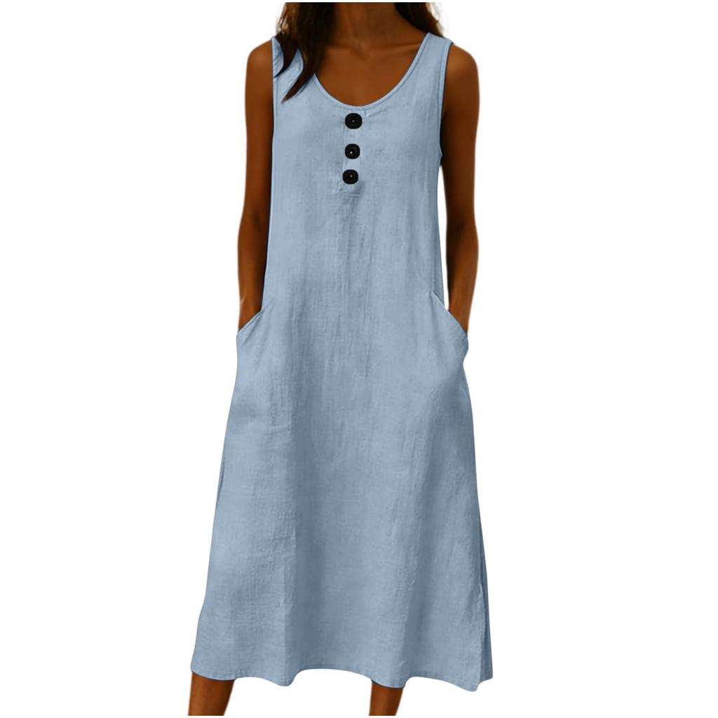 Sleeveless Casual Washed Wrinkle Dress for Women with Button Front and Pockets Loose Fit Midi Length Summer Dress