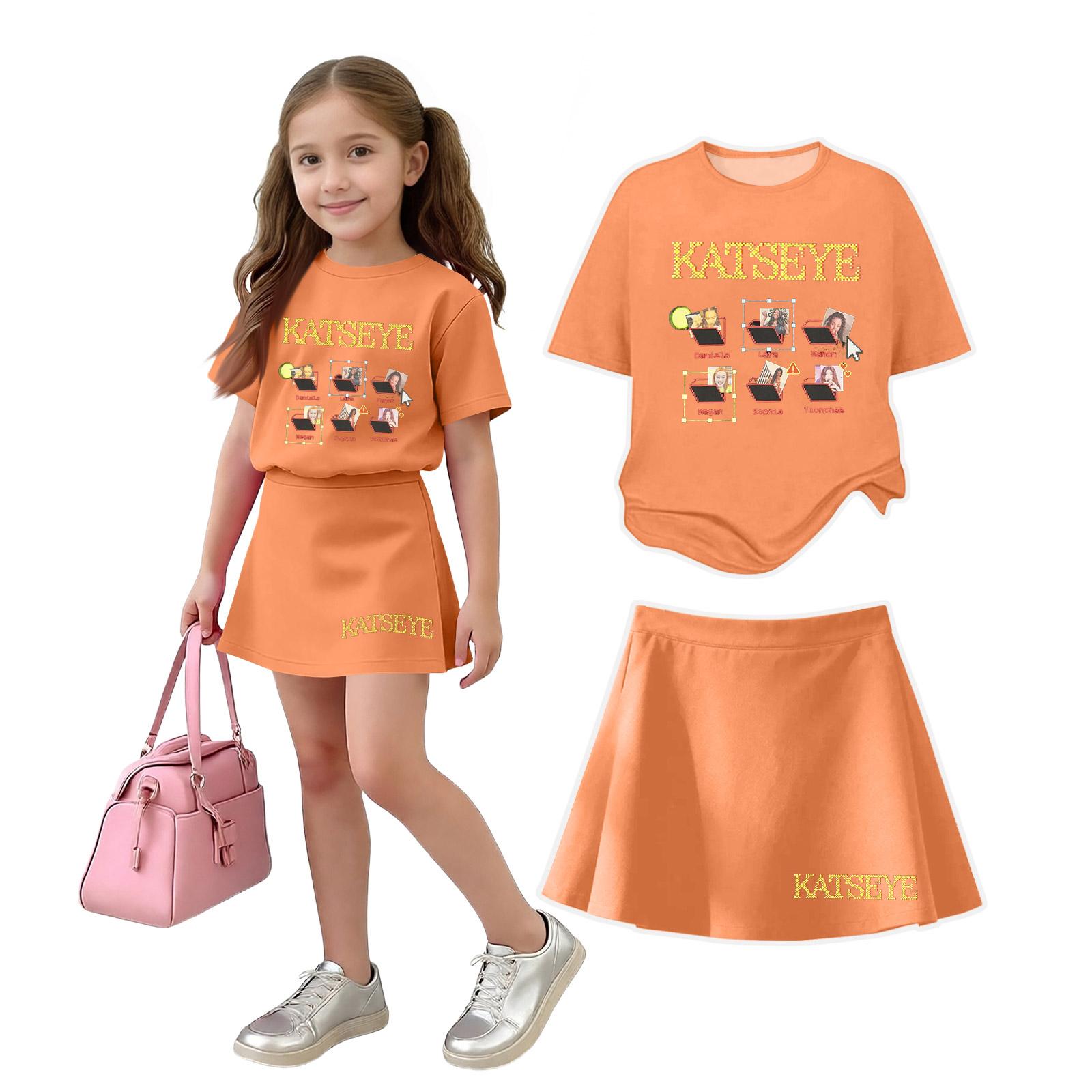 Girls Casual Two Piece Set Loose Fit Short Sleeve Crew Neck Top and Skirt Printed Design Summer Outfit for Kids 150