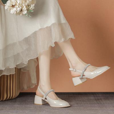 Fashion Summer High-Heeled Mary Jane Sandals With Crystal Decoration Straps 2024 New Casual Baotou Medium Heel Square Heel Sandals 34-40