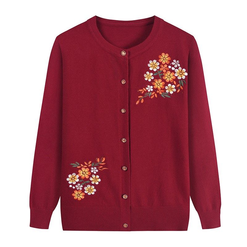 Spring Autumn Women's Thin Knit Cardigan Loose Fit Round Neck Printed Knit Cardigan