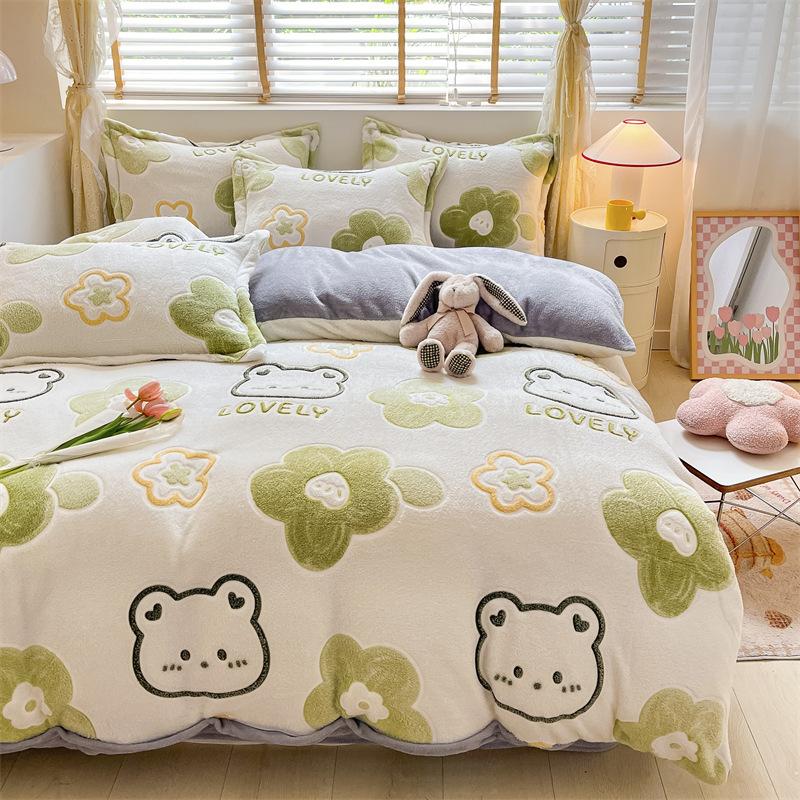 Cartoon Coral Fleece Four-Piece Set, Thickened Milk Fleece Sheet Quilt Cover, Snowflake Fleece Bed Three-Piece Quilt Cover