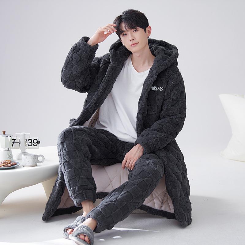 2024 Men's Quilted Winter Hooded Pajama Bathrobe - Warm, Thick Coral Fleece Outerwear