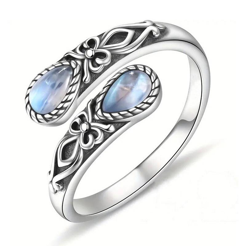 Fashionable Retro European Ring for Women, Open Water Droplets Imitation Moonstone, Popular Ethnic Jewelry