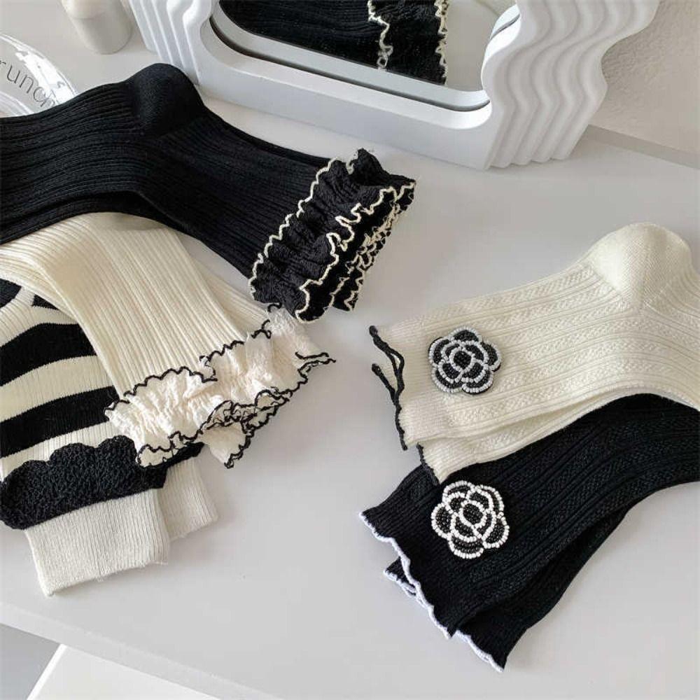 

Cute Thick Sweet Trendy Flower Women Camellia Socks Cotton Hosiery Korean Style Socks Middle Tube C