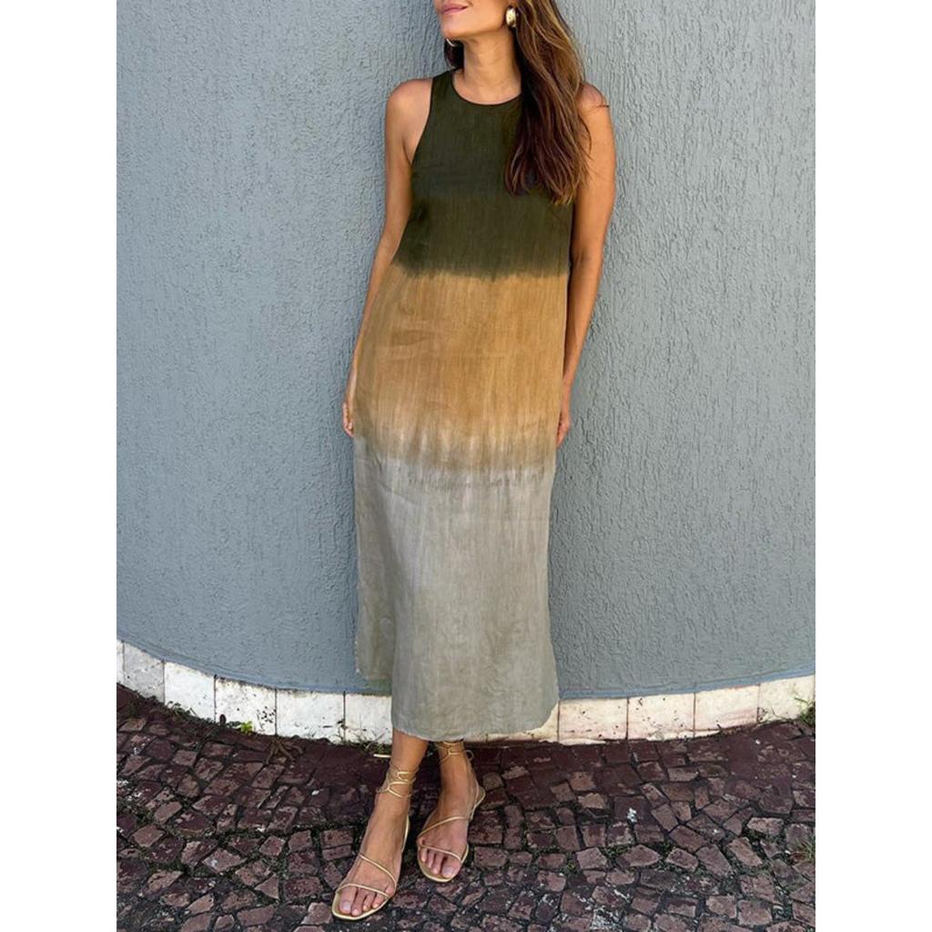 Summer Gradient Casual Cotton Linen Sleeveless Slit Dress for Women, European American Style Ladies Sundress