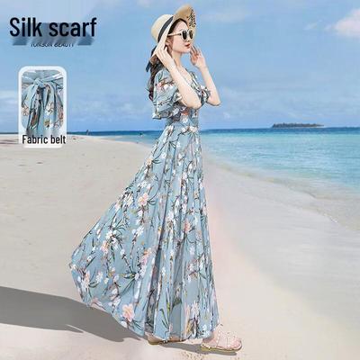 Women's V-Neck Ruffle Sleeve A-Line Floral Beach Dress