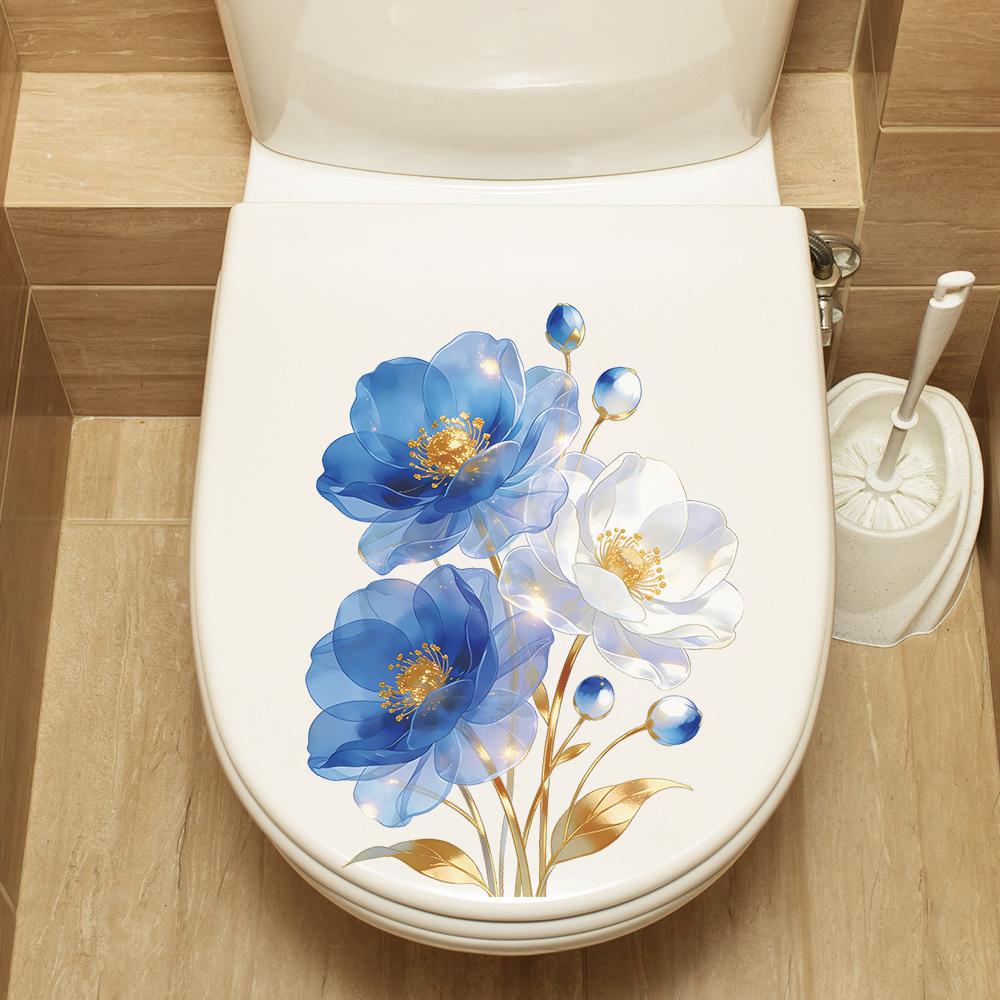 Metallic Blue White Flower Waterproof Self Adhesive Toilet Sticker Bathroom Wall Home Decor