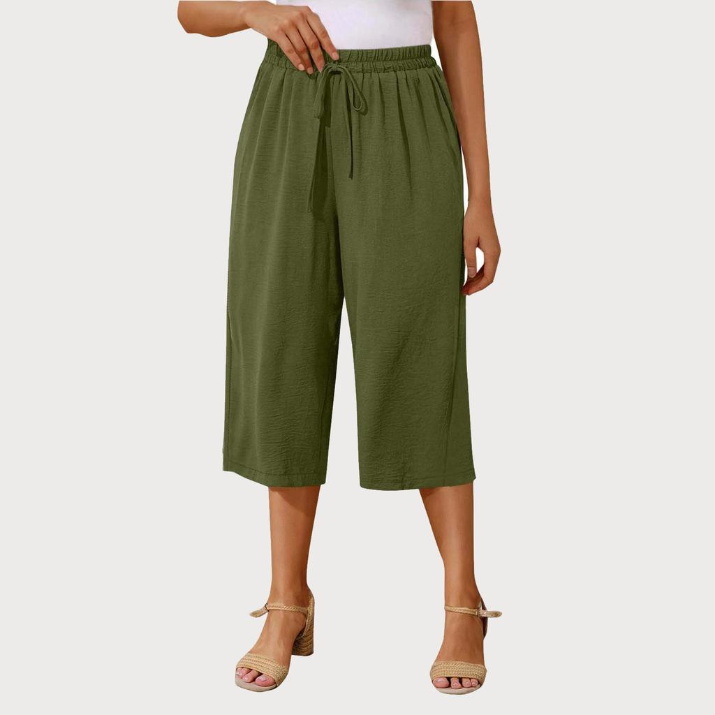 Women's High Waist Solid Color Casual Trousers Workout Pants 1/2 Shorts