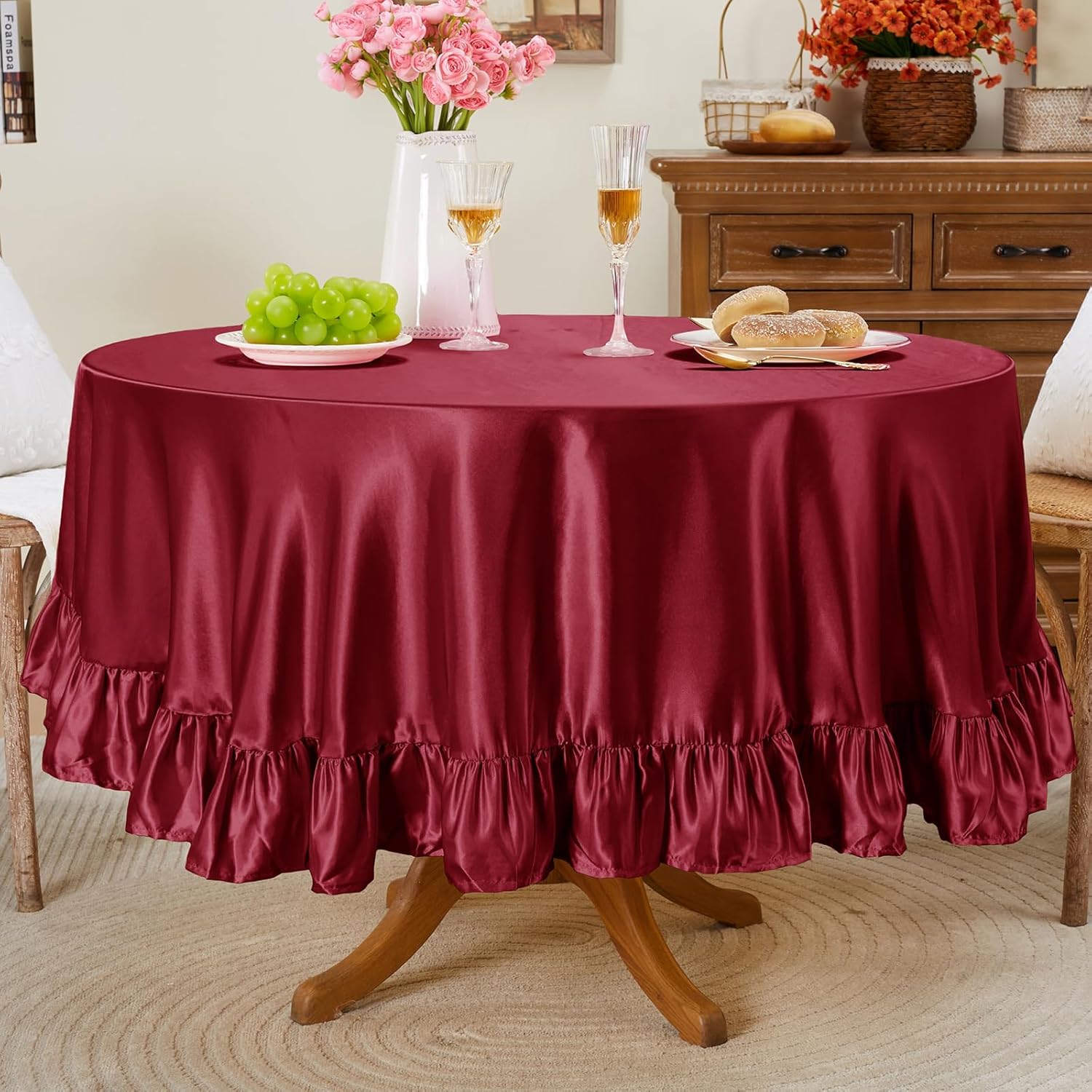 

Smooth Ruffle Round Tablecloth, Silky & Shiny Satin Table Cover Washable Wrinkle Resistant Decor for Banquet, Party, Kitchen Round 130cm бордовый