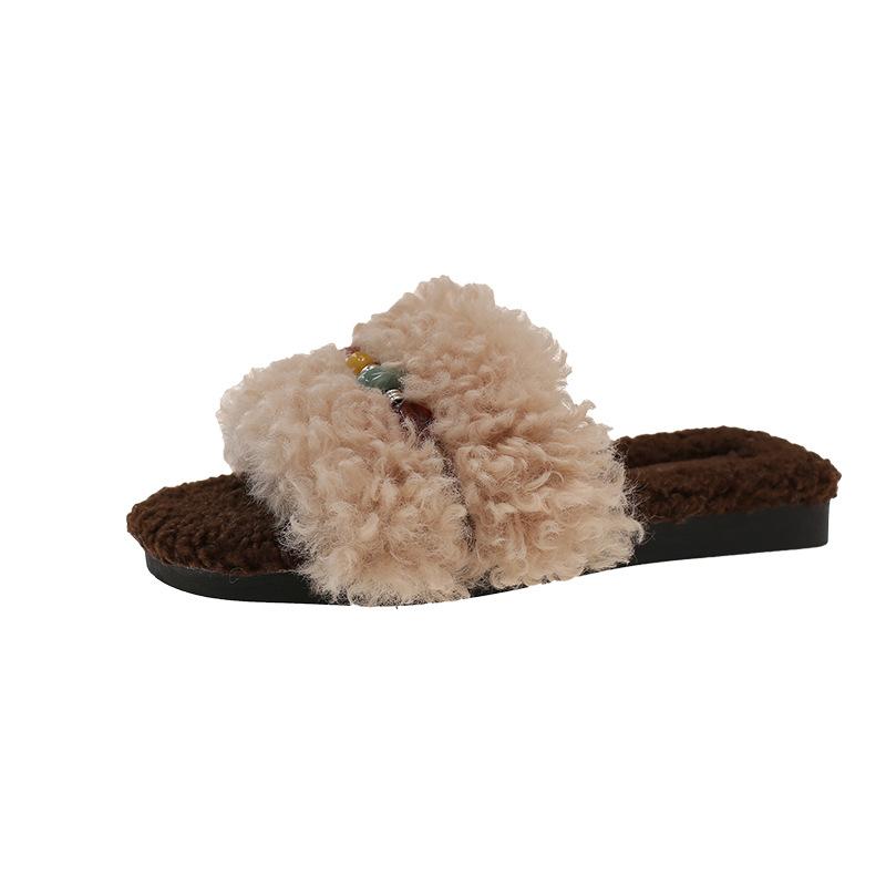 Internet celebrity brown popular fluffy slippers women's autumn and winter wear 2025 new thick bottom casual home fluffy cotton drag