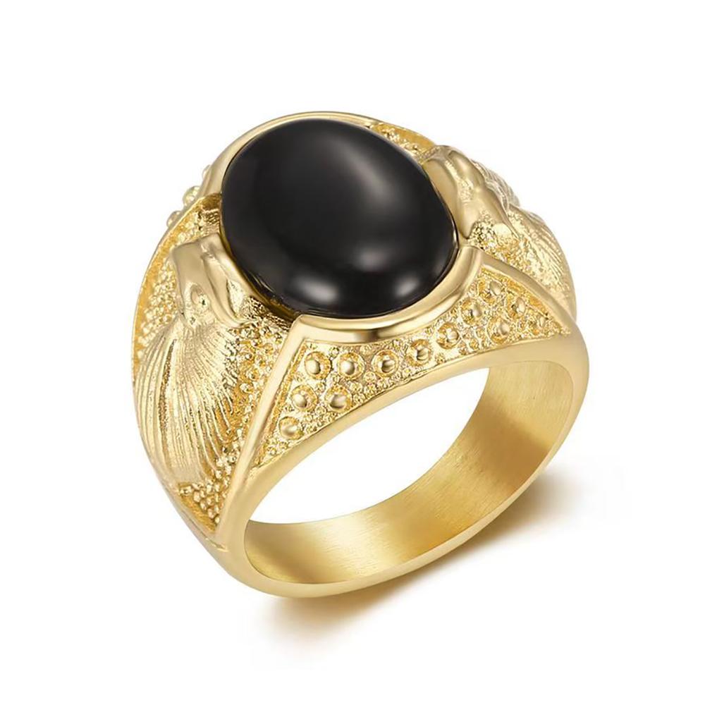 Vintage Classic Gold Color Stainless Steel Rings for Men Women Fashion Green/Black Stone Ring Biker Solid Finger Jewelry Gift