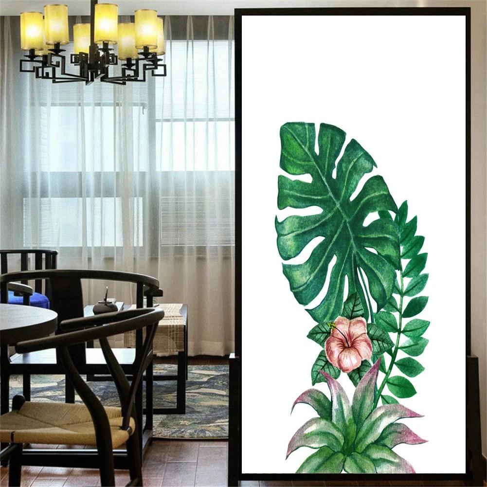 Static Cling Privacy Windows Film Decorative Green Plants Leaves Stained Glass Window Stickers Frosted Window Cling Tint