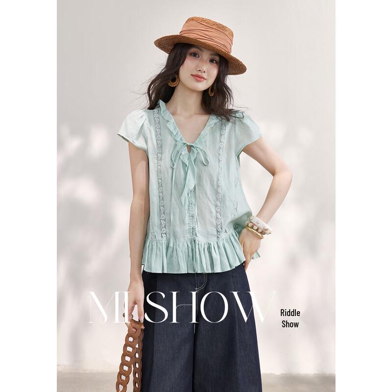 Women s 2026 Summer Tencel Ramie Ruffle V-Neck Shirt S