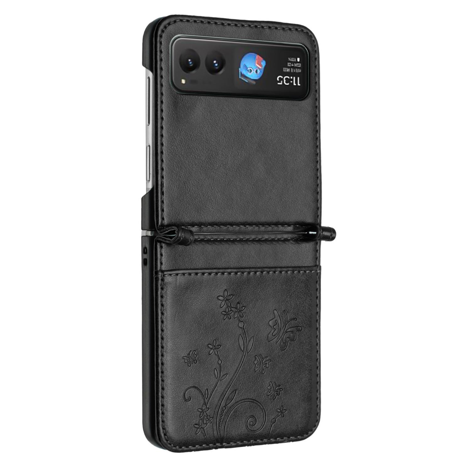 

For Motorola Razr 40 5G Case Flower Imprint Leather Phone Cover with Card Holder Black