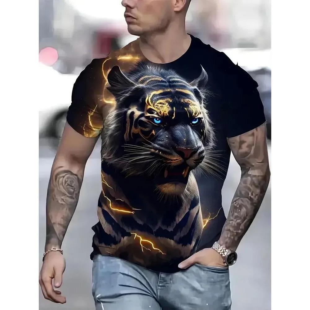 Men's Casual Plus Size Comfortable Round Neck Short Sleeved T-shirt Fashionable Personalized Animals T-shirt