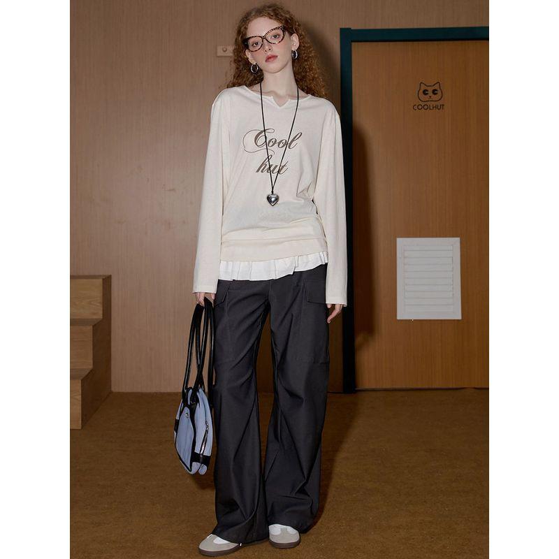 Coolhut Design V-Neck Letter Print Long-Sleeved T-Shirt Spring & Fall New Women's Bottoming Shirt Loose Top