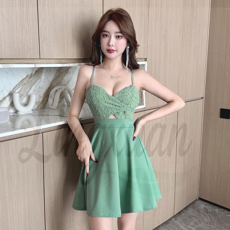 Chic Waist-Cinched Spaghetti Strap Low-Cut Dress with Wide Hem