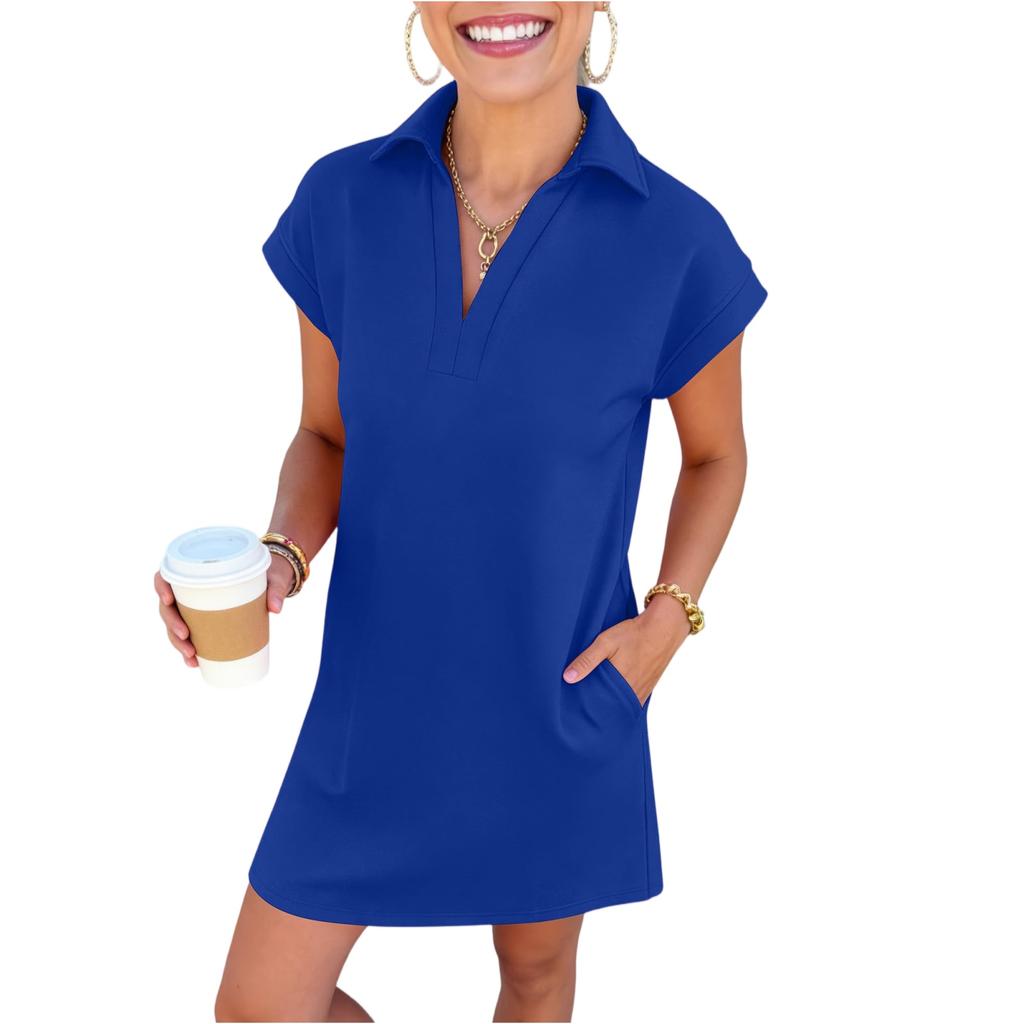 Womens Summer Dresses Uk Collared Short Sleeve Casual Shirt Dress for Ladies Summer Dresses Uk with Pocket Design Summer Dresses for Women Uk