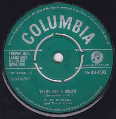 7-inch Plaat CLIFF RICHARD & THE SHADOWS - Theme For A Dream 45DB4593 Columbia 1961 VK Pop Gebruikt
