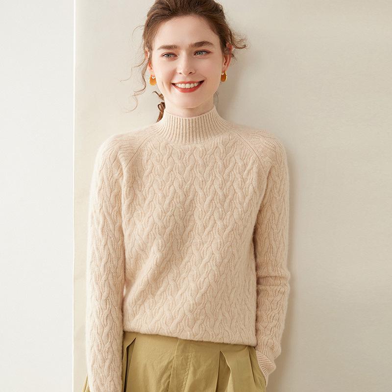 Women's Cable Knit Half-High Neck Cashmere Sweater - Loose, Thick, Warm Base Layer