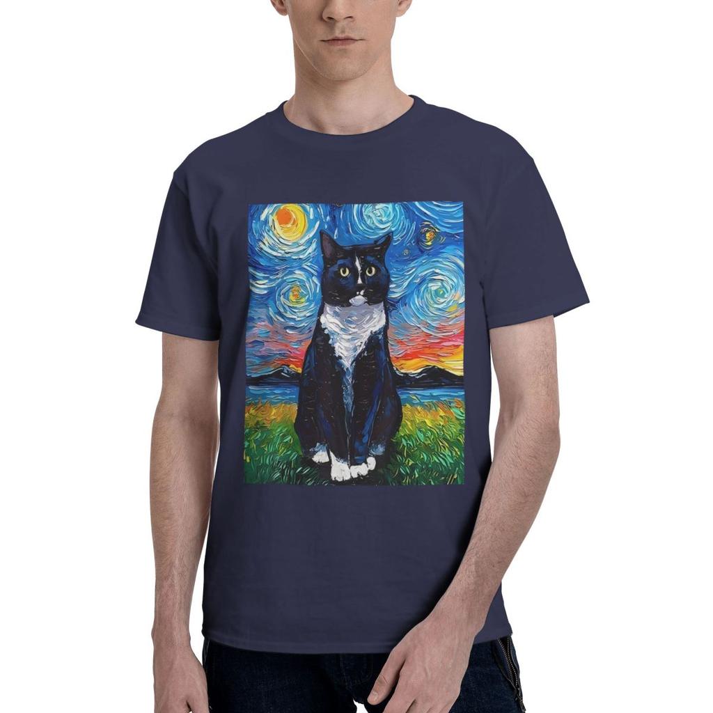 Black And White Cat Starry Night Print 100 Cotton Casual Breathable Confortable Men Top Mens Clothing Brands Men TShirt