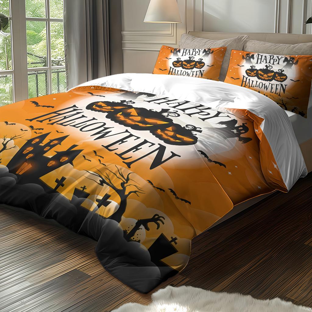 3-piece Halloween themed pumpkin, castle pattern, 1 quill cover+2 pillowcases, coreless, soft and comfortable bedding set