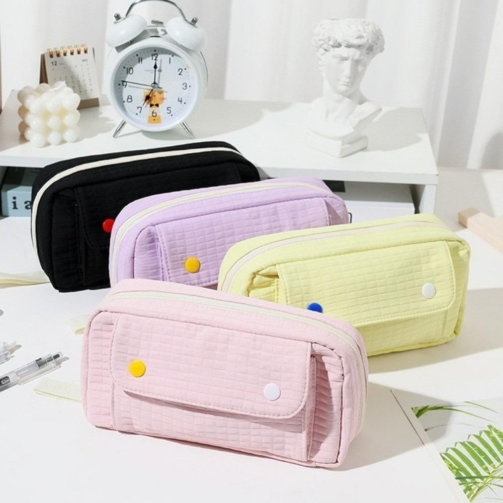 Large Capacity Pencil Case Polyester Multiple Layers Stationery Bag with Zipper Solid Color Storage Bag Stationery Storage
