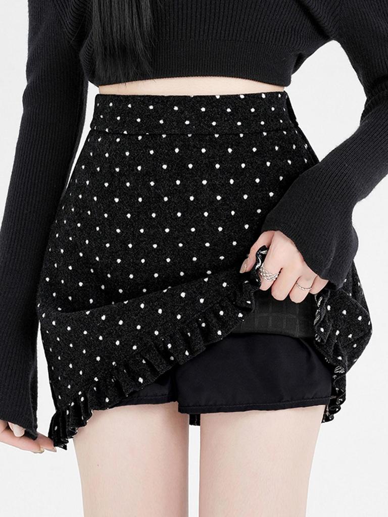Women's Slim Fit Wool Polka Dot Ruffle Mini Skirt - High Waist, Casual Autumn/Winter A-line
