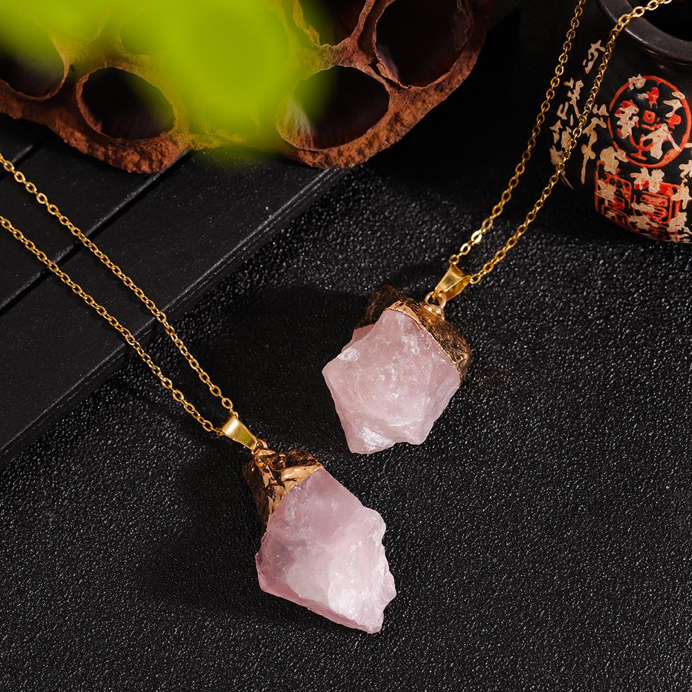 Natural Crystal Stone Irregular Shape Raw Rose Quartz Gold Plated Cap Hanging Ornaments Reiki Healing Gifts
