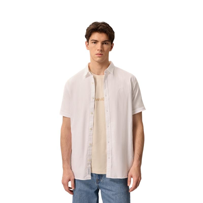 Calvin Klein Business Casual Commuter Minimalist Embroidered Cotton Linen Short Sleeve Shirt Men Shirts J317422-YAF