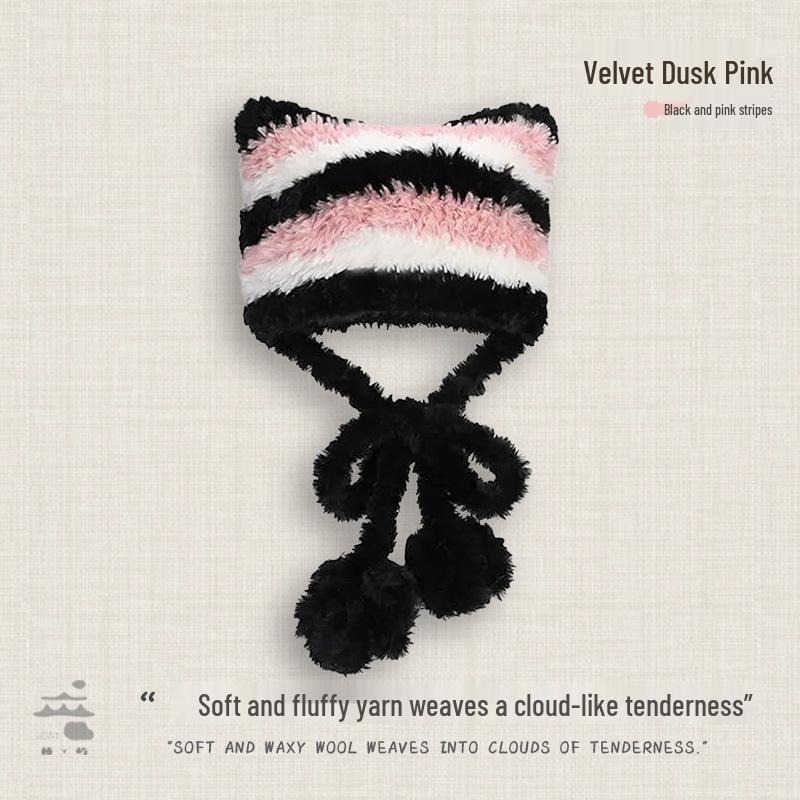 Korean Style Cat Ear Earmuff Hat - Cute, Warm, Dual-Use, Knitted Slouchy with Color Block Stripes