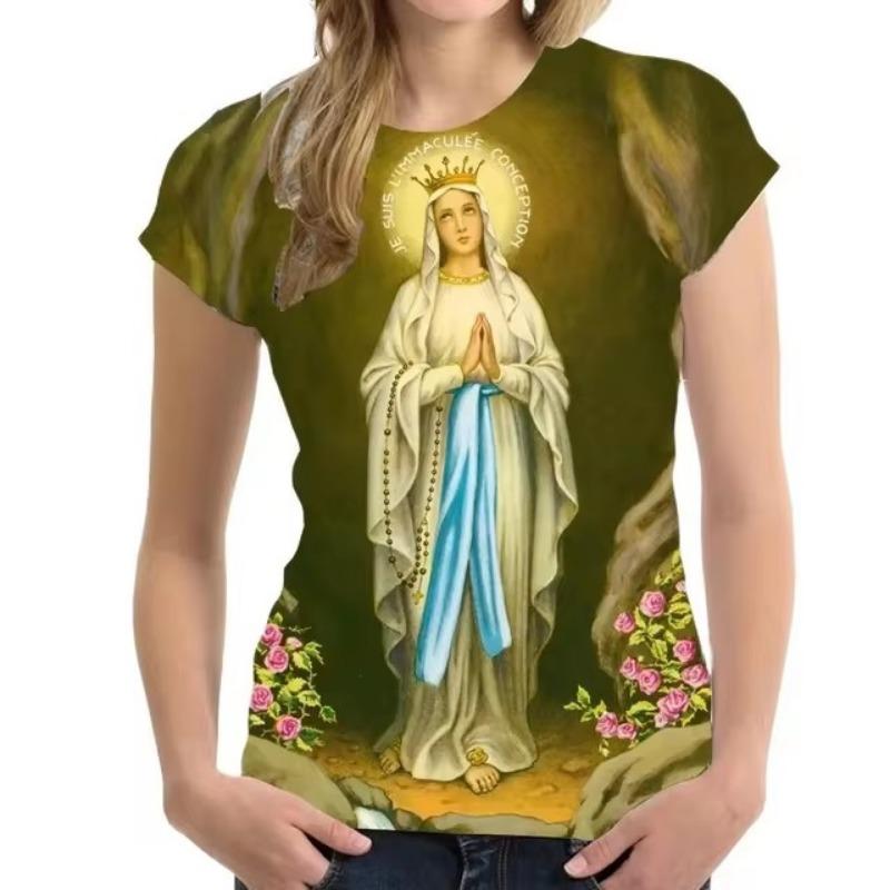 Camiseta unisex de alta calidad con estampado 3D de la Virgen María de Guadalupe, estilo católico, informal, de gran tamaño