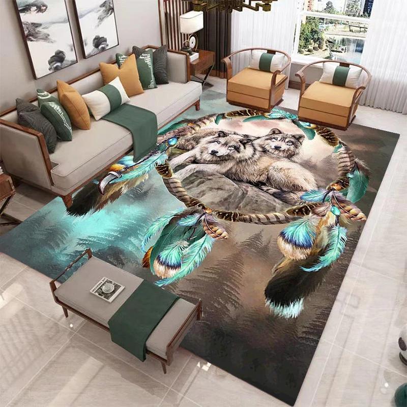 Wolf Carpet Wild Animal Doormat Bohemia Style Dreamcatcher Area Rug for Living Room Bathroom Decor Woodland Wildlife Floor Mat