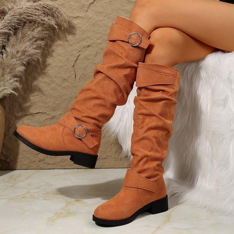 

Shoes Female 2025 New Slip-on Women s Boots Fashion Belt Buckle Modern Boots Women Winter Plus Size Square Heel Knee-High Boots 43 оранжевый