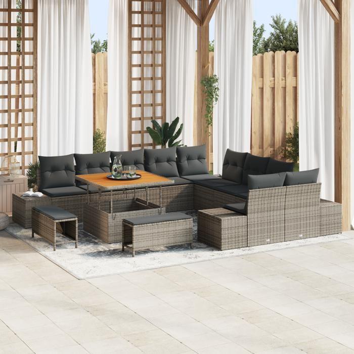Ensemble de canapé de jardin 13 pièces avec coussins en poly rattan gris, Canapé de jardin 2 places avec rangement 3364788