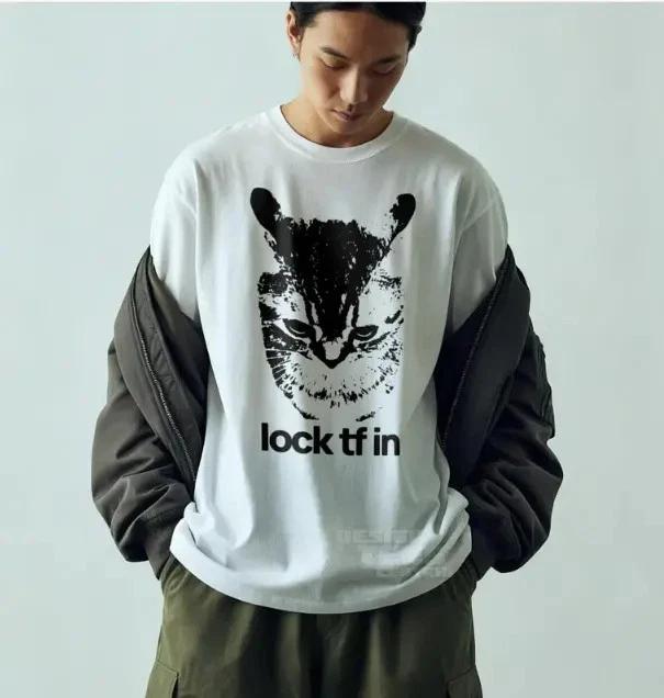 Lock TF In Cat T- Shirt, Funny Gen Z Meme Shirt, Shitpost Graphic Y2k T Shirt L
