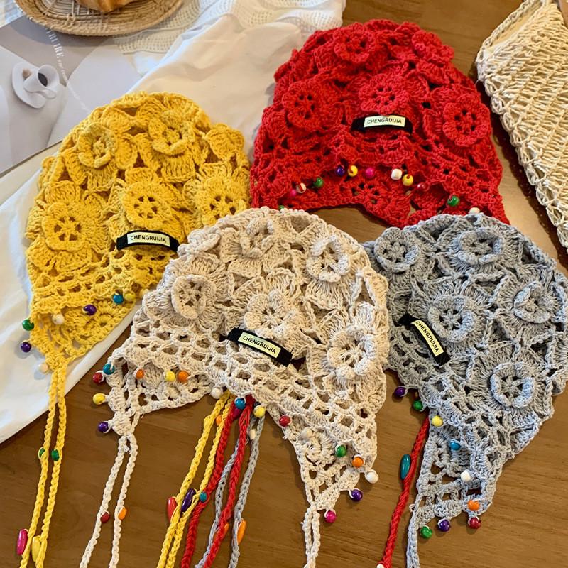 Stylish Handmade Knitted Hat For Women With Bohemian Floral Design And Tassels