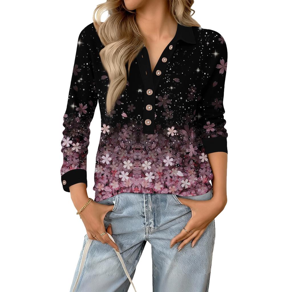 Damen lockeres V-Ausschnitt langärmeliges Knopfleisten-Blumen-Pullover-Oberteil