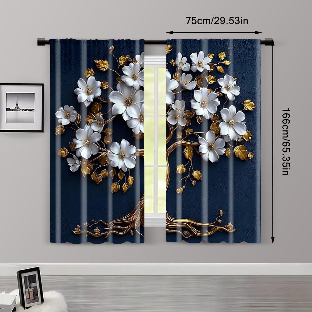 2pc,  Drapes elegant 3d blue & golden tree of life tapestry polyester wall hanging for living room bedroom and home decor Light