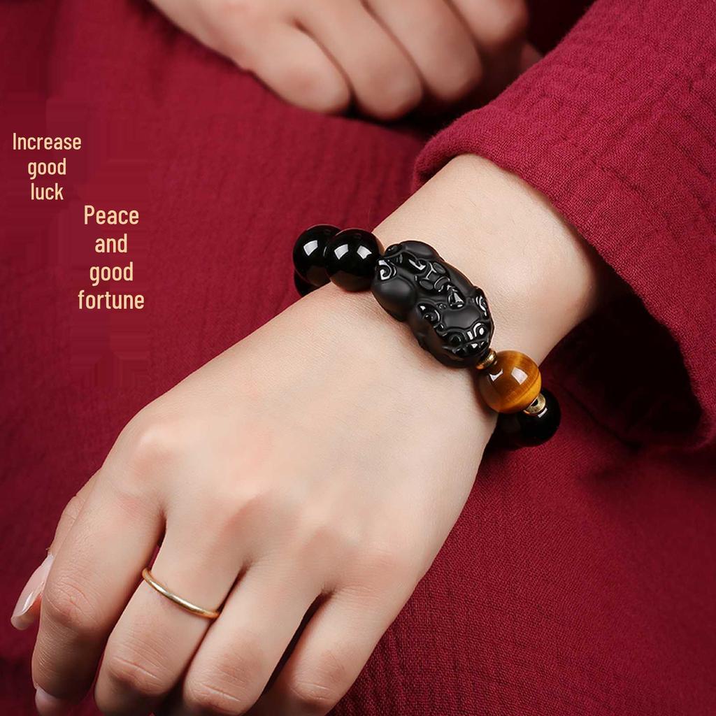 Black Gold Obsidian Pi Xiu Wealth Bracelet with Rotating Beads and Spacers for Men & Women.